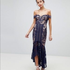 NWT Navy Lace Off Shoulder Midi Fishtail Dress